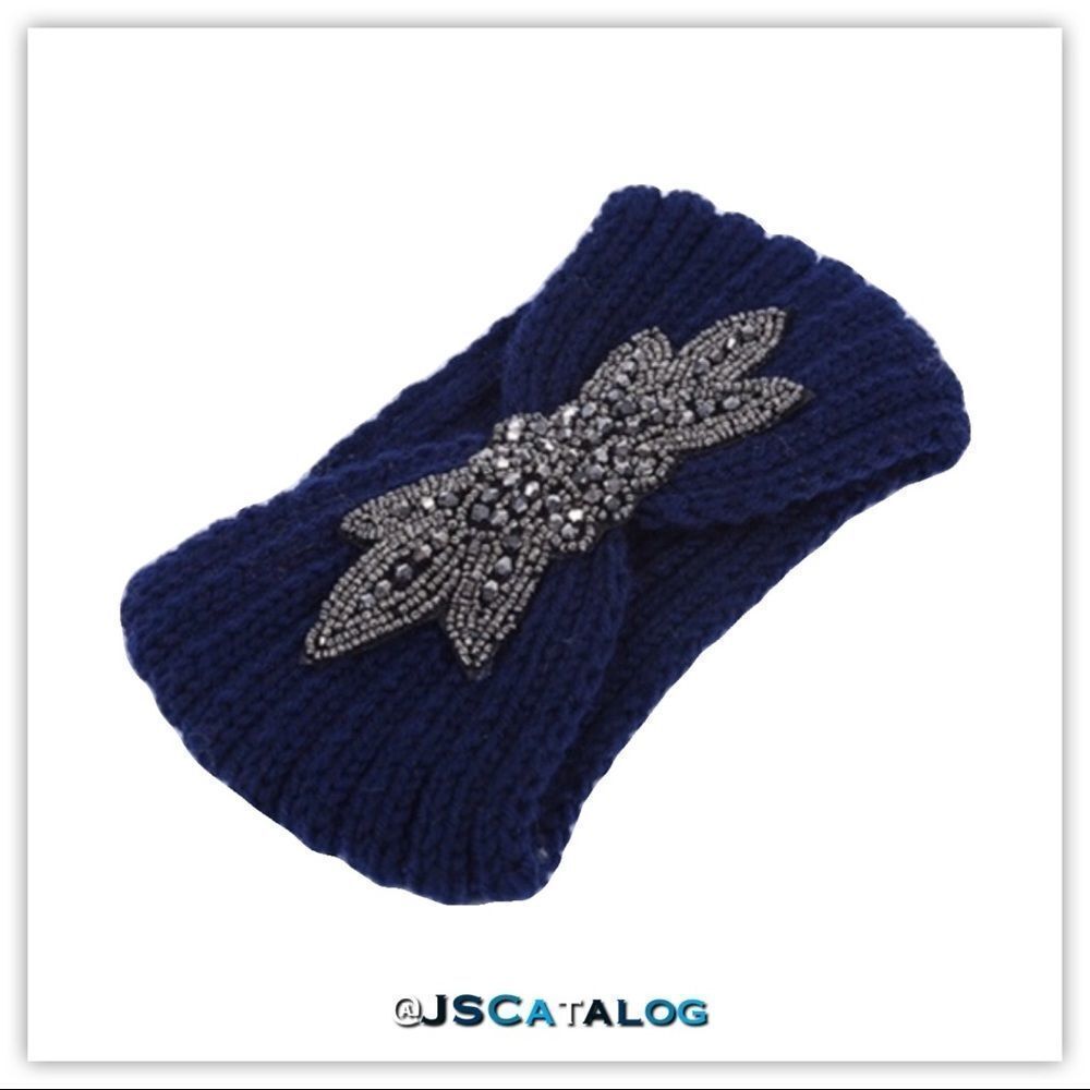 Beaded Winter Wide Navy Headband